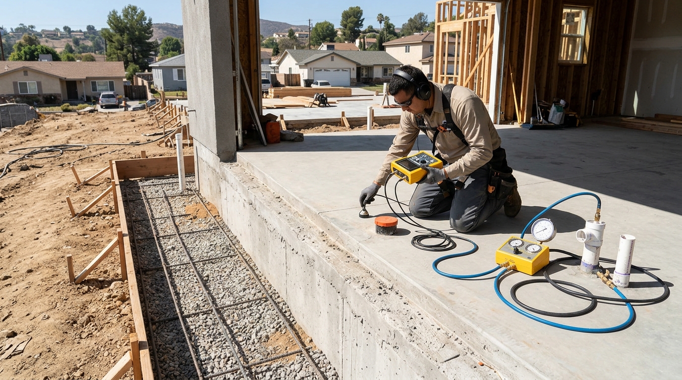 Plumber testing for slab leaks under concrete foundation in Homestead home